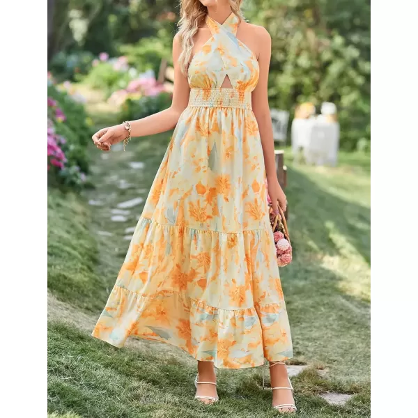 imageZESICA Womens 2024 Summer Crossover Halter Neck Sleeveless Plaid Cut Out Backless Flowy A Line Maxi DressSunsetyellow