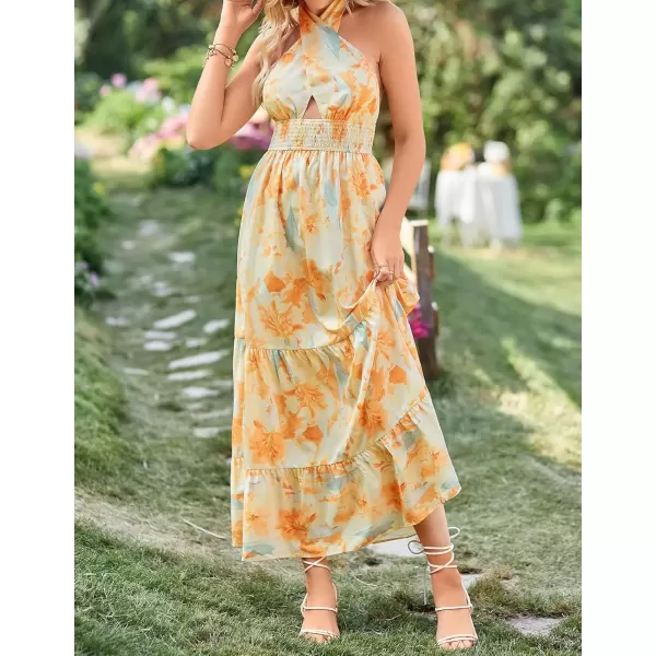 imageZESICA Womens 2024 Summer Crossover Halter Neck Sleeveless Plaid Cut Out Backless Flowy A Line Maxi DressSunsetyellow