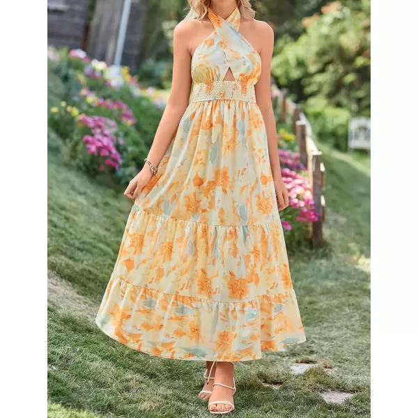 imageZESICA Womens 2024 Summer Crossover Halter Neck Sleeveless Plaid Cut Out Backless Flowy A Line Maxi DressSunsetyellow