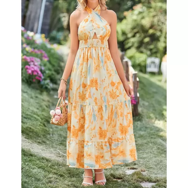 imageZESICA Womens 2024 Summer Crossover Halter Neck Sleeveless Plaid Cut Out Backless Flowy A Line Maxi DressSunsetyellow