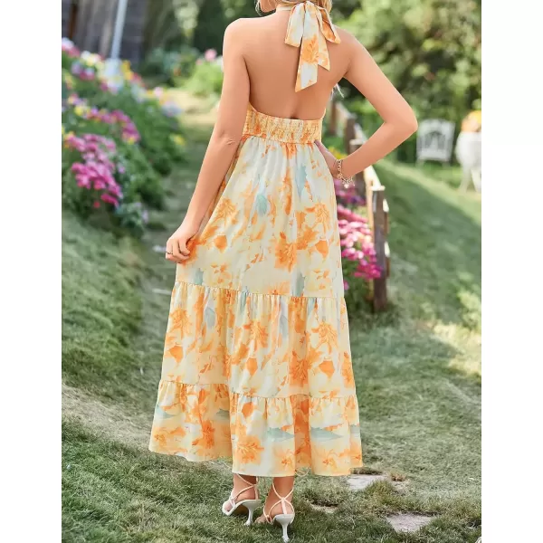 imageZESICA Womens 2024 Summer Crossover Halter Neck Sleeveless Plaid Cut Out Backless Flowy A Line Maxi DressSunsetyellow