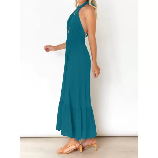 imageZESICA Womens 2024 Summer Crossover Halter Neck Sleeveless Plaid Cut Out Backless Flowy A Line Maxi DressTeal