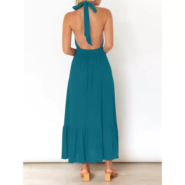 imageZESICA Womens 2024 Summer Crossover Halter Neck Sleeveless Plaid Cut Out Backless Flowy A Line Maxi DressTeal