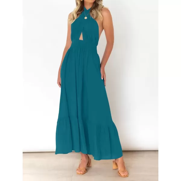 imageZESICA Womens 2024 Summer Crossover Halter Neck Sleeveless Plaid Cut Out Backless Flowy A Line Maxi DressTeal