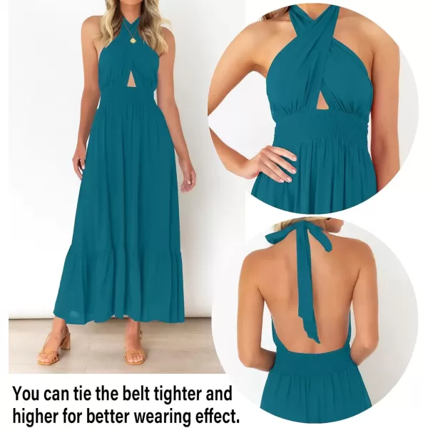 imageZESICA Womens 2024 Summer Crossover Halter Neck Sleeveless Plaid Cut Out Backless Flowy A Line Maxi DressTeal