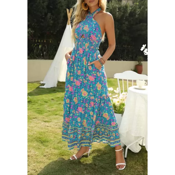 imageZESICA Womens 2024 Summer Crossover Halter Neck Sleeveless Plaid Cut Out Backless Flowy A Line Maxi DressVintagegreen