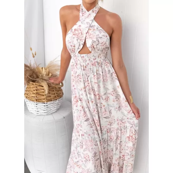 imageZESICA Womens 2024 Summer Crossover Halter Neck Sleeveless Plaid Cut Out Backless Flowy A Line Maxi DressWhite