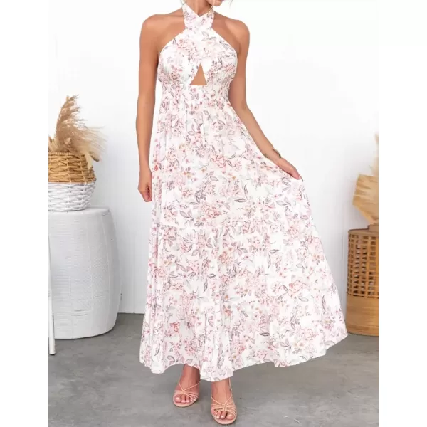 imageZESICA Womens 2024 Summer Crossover Halter Neck Sleeveless Plaid Cut Out Backless Flowy A Line Maxi DressWhite