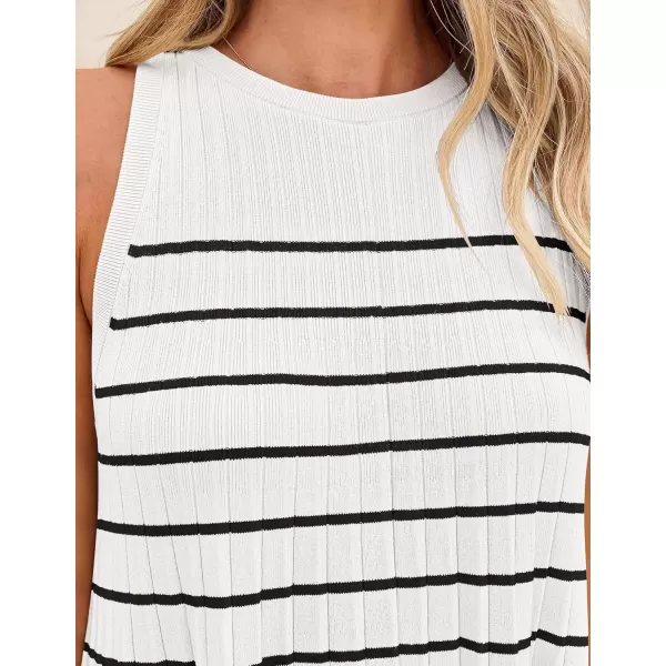 imageZESICA Womens 2024 Summer Sleeveless Tank Dress Crewneck Striped Knit Pleated A Line Casual Short Mini DressesBeige