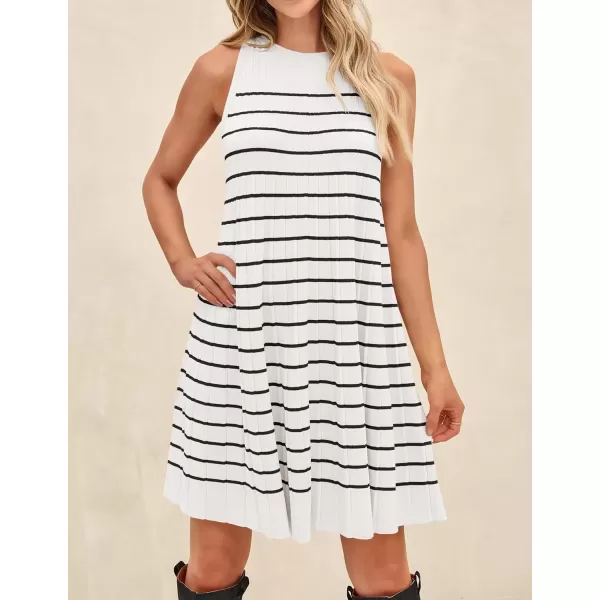 imageZESICA Womens 2024 Summer Sleeveless Tank Dress Crewneck Striped Knit Pleated A Line Casual Short Mini DressesBeige