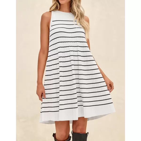 imageZESICA Womens 2024 Summer Sleeveless Tank Dress Crewneck Striped Knit Pleated A Line Casual Short Mini DressesBeige