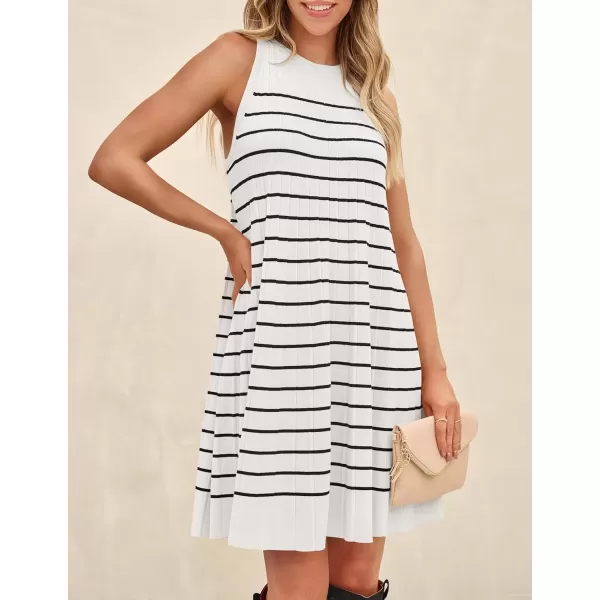 imageZESICA Womens 2024 Summer Sleeveless Tank Dress Crewneck Striped Knit Pleated A Line Casual Short Mini DressesBeige