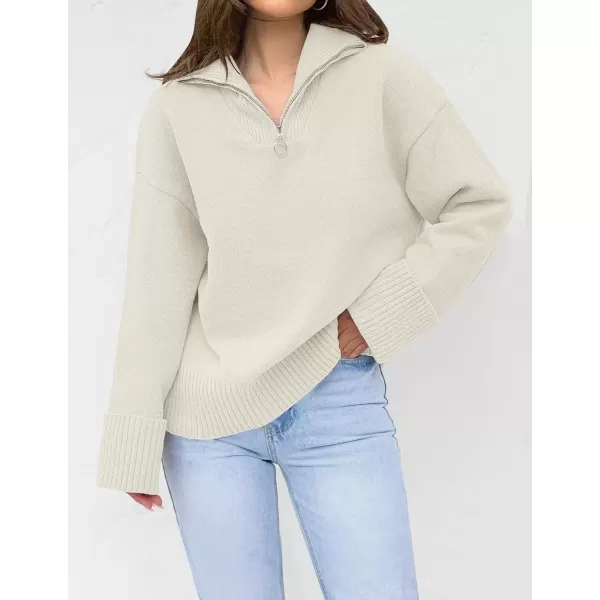imageZESICA Womens 2024 Winter Long Sleeve 14 Zipper V Neck Loose Fuzzy Knitted Chunky Warm Pullover Sweater Jumper TopsApricot