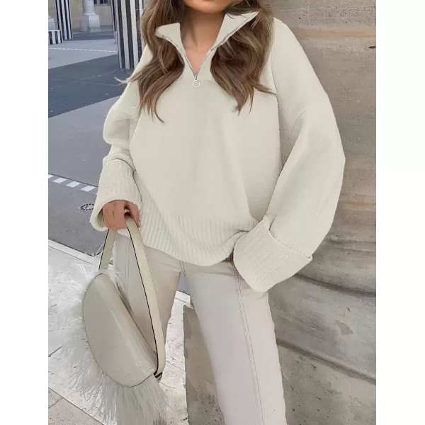 imageZESICA Womens 2024 Winter Long Sleeve 14 Zipper V Neck Loose Fuzzy Knitted Chunky Warm Pullover Sweater Jumper TopsApricot