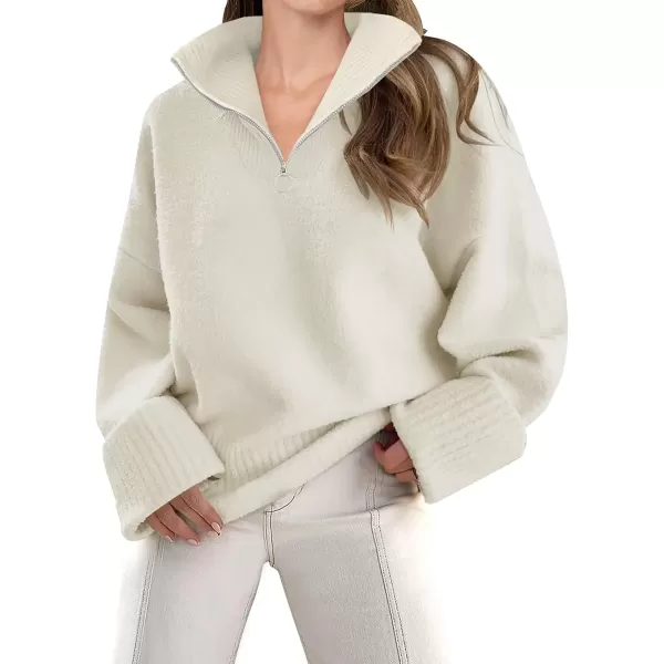 imageZESICA Womens 2024 Winter Long Sleeve 14 Zipper V Neck Loose Fuzzy Knitted Chunky Warm Pullover Sweater Jumper TopsApricot