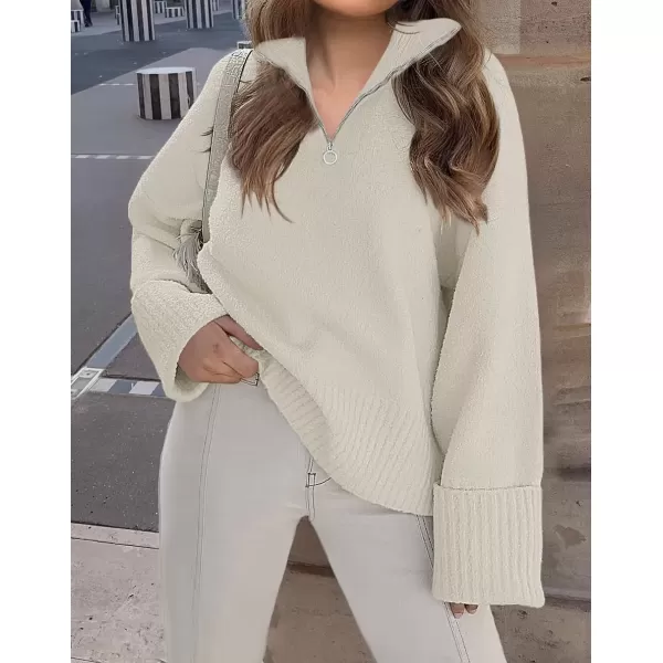 imageZESICA Womens 2024 Winter Long Sleeve 14 Zipper V Neck Loose Fuzzy Knitted Chunky Warm Pullover Sweater Jumper TopsApricot