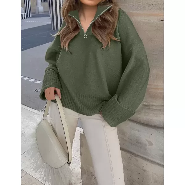 imageZESICA Womens 2024 Winter Long Sleeve 14 Zipper V Neck Loose Fuzzy Knitted Chunky Warm Pullover Sweater Jumper TopsArmygreen