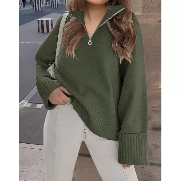 imageZESICA Womens 2024 Winter Long Sleeve 14 Zipper V Neck Loose Fuzzy Knitted Chunky Warm Pullover Sweater Jumper TopsArmygreen