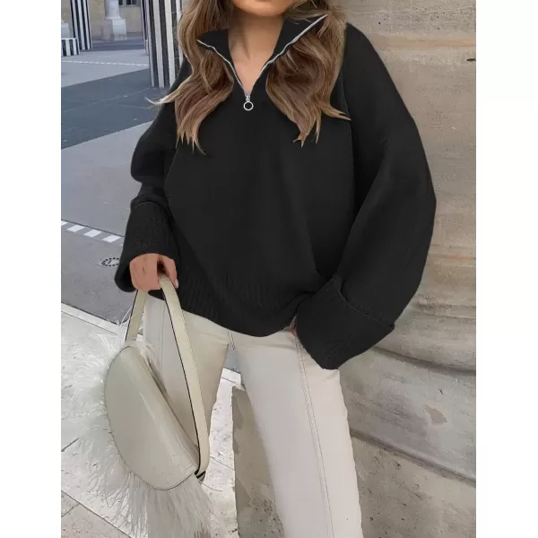 imageZESICA Womens 2024 Winter Long Sleeve 14 Zipper V Neck Loose Fuzzy Knitted Chunky Warm Pullover Sweater Jumper TopsBlack