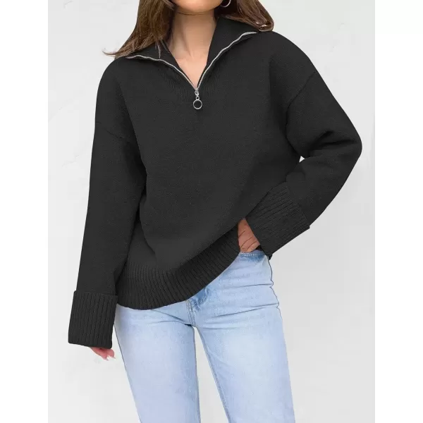 imageZESICA Womens 2024 Winter Long Sleeve 14 Zipper V Neck Loose Fuzzy Knitted Chunky Warm Pullover Sweater Jumper TopsBlack