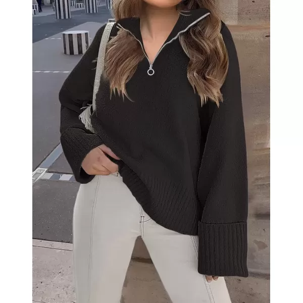 imageZESICA Womens 2024 Winter Long Sleeve 14 Zipper V Neck Loose Fuzzy Knitted Chunky Warm Pullover Sweater Jumper TopsBlack