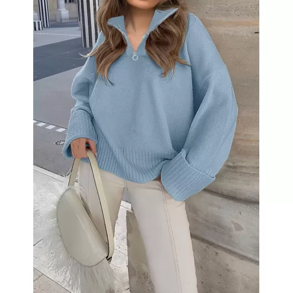 imageZESICA Womens 2024 Winter Long Sleeve 14 Zipper V Neck Loose Fuzzy Knitted Chunky Warm Pullover Sweater Jumper TopsBlue