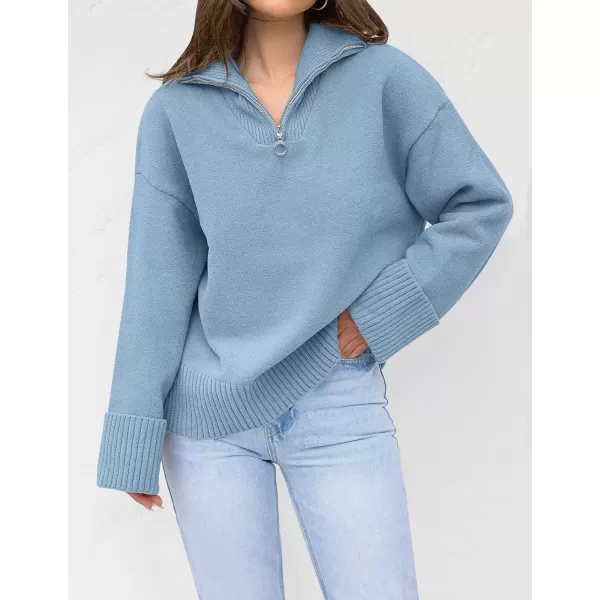 imageZESICA Womens 2024 Winter Long Sleeve 14 Zipper V Neck Loose Fuzzy Knitted Chunky Warm Pullover Sweater Jumper TopsBlue