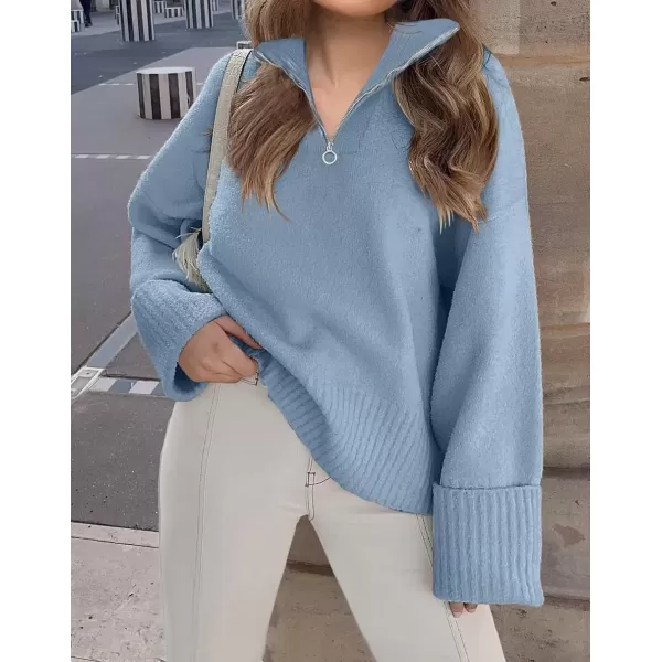imageZESICA Womens 2024 Winter Long Sleeve 14 Zipper V Neck Loose Fuzzy Knitted Chunky Warm Pullover Sweater Jumper TopsBlue