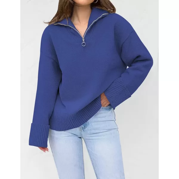 imageZESICA Womens 2024 Winter Long Sleeve 14 Zipper V Neck Loose Fuzzy Knitted Chunky Warm Pullover Sweater Jumper TopsCobaltblue