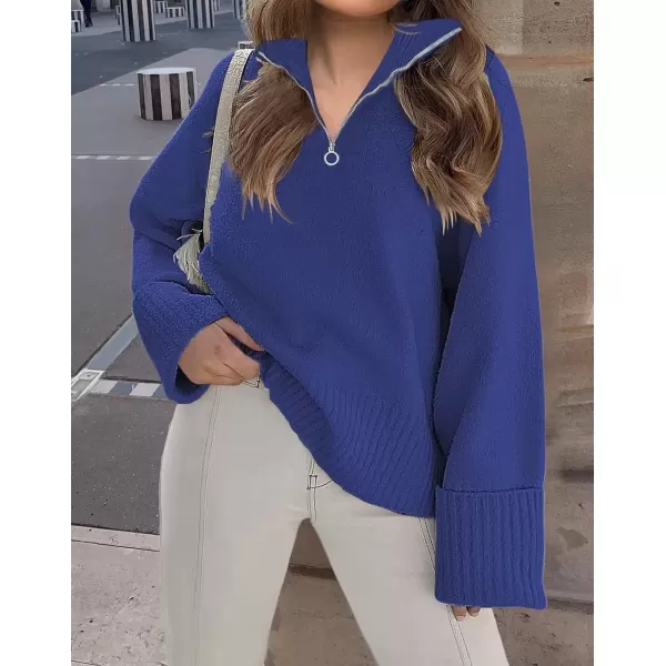 imageZESICA Womens 2024 Winter Long Sleeve 14 Zipper V Neck Loose Fuzzy Knitted Chunky Warm Pullover Sweater Jumper TopsCobaltblue