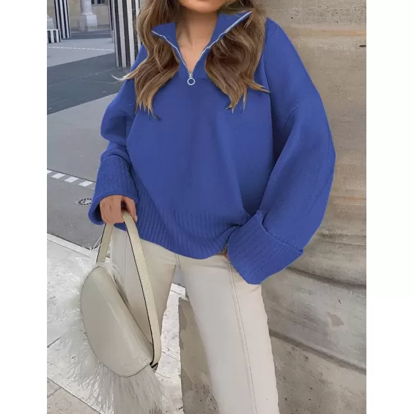 imageZESICA Womens 2024 Winter Long Sleeve 14 Zipper V Neck Loose Fuzzy Knitted Chunky Warm Pullover Sweater Jumper TopsCobaltblue