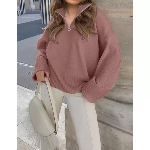 imageZESICA Womens 2024 Winter Long Sleeve 14 Zipper V Neck Loose Fuzzy Knitted Chunky Warm Pullover Sweater Jumper TopsFuchsia