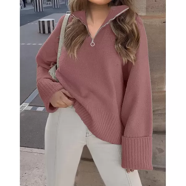 imageZESICA Womens 2024 Winter Long Sleeve 14 Zipper V Neck Loose Fuzzy Knitted Chunky Warm Pullover Sweater Jumper TopsFuchsia