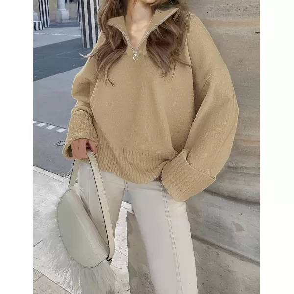 imageZESICA Womens 2024 Winter Long Sleeve 14 Zipper V Neck Loose Fuzzy Knitted Chunky Warm Pullover Sweater Jumper TopsKhaki