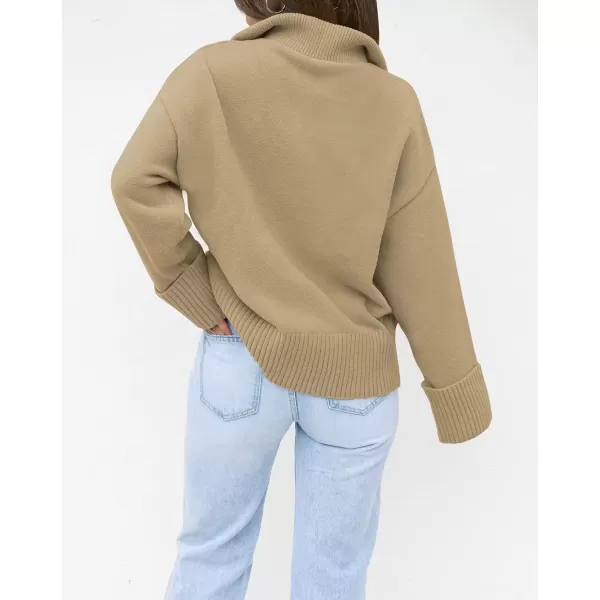 imageZESICA Womens 2024 Winter Long Sleeve 14 Zipper V Neck Loose Fuzzy Knitted Chunky Warm Pullover Sweater Jumper TopsKhaki