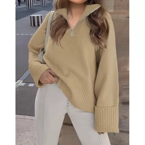 imageZESICA Womens 2024 Winter Long Sleeve 14 Zipper V Neck Loose Fuzzy Knitted Chunky Warm Pullover Sweater Jumper TopsKhaki