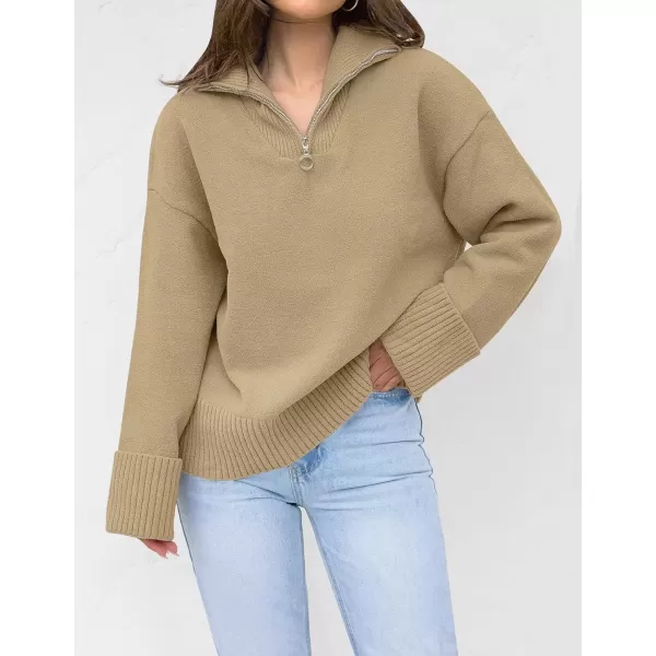 imageZESICA Womens 2024 Winter Long Sleeve 14 Zipper V Neck Loose Fuzzy Knitted Chunky Warm Pullover Sweater Jumper TopsKhaki