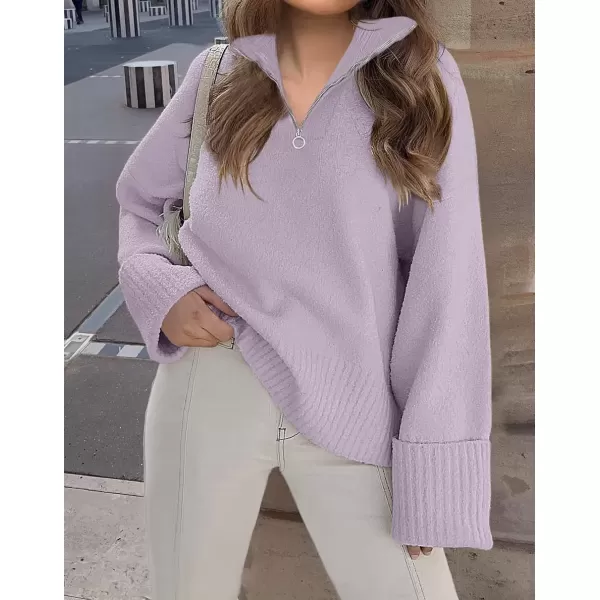 imageZESICA Womens 2024 Winter Long Sleeve 14 Zipper V Neck Loose Fuzzy Knitted Chunky Warm Pullover Sweater Jumper TopsLavender