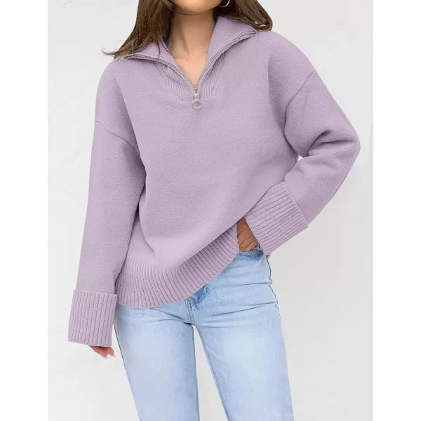 imageZESICA Womens 2024 Winter Long Sleeve 14 Zipper V Neck Loose Fuzzy Knitted Chunky Warm Pullover Sweater Jumper TopsLavender
