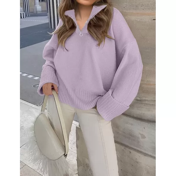 imageZESICA Womens 2024 Winter Long Sleeve 14 Zipper V Neck Loose Fuzzy Knitted Chunky Warm Pullover Sweater Jumper TopsLavender