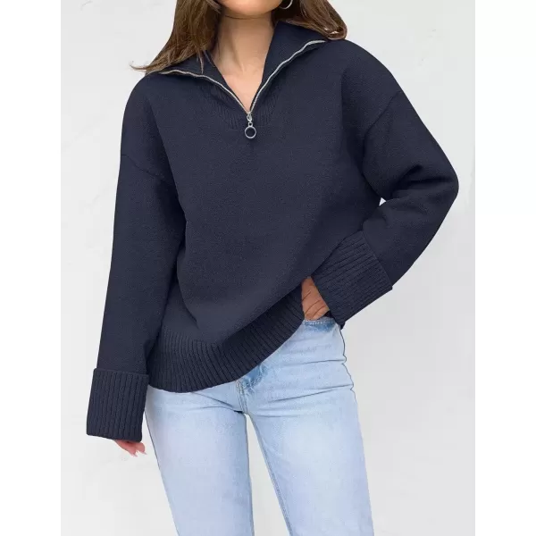 imageZESICA Womens 2024 Winter Long Sleeve 14 Zipper V Neck Loose Fuzzy Knitted Chunky Warm Pullover Sweater Jumper TopsNavy