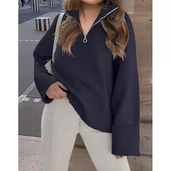imageZESICA Womens 2024 Winter Long Sleeve 14 Zipper V Neck Loose Fuzzy Knitted Chunky Warm Pullover Sweater Jumper TopsNavy