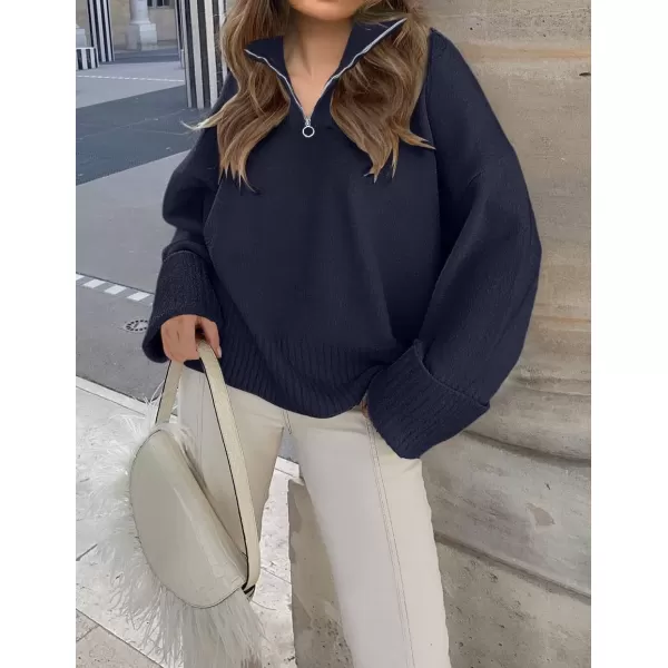 imageZESICA Womens 2024 Winter Long Sleeve 14 Zipper V Neck Loose Fuzzy Knitted Chunky Warm Pullover Sweater Jumper TopsNavy