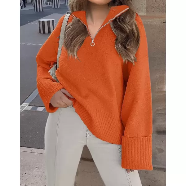 imageZESICA Womens 2024 Winter Long Sleeve 14 Zipper V Neck Loose Fuzzy Knitted Chunky Warm Pullover Sweater Jumper TopsOrange