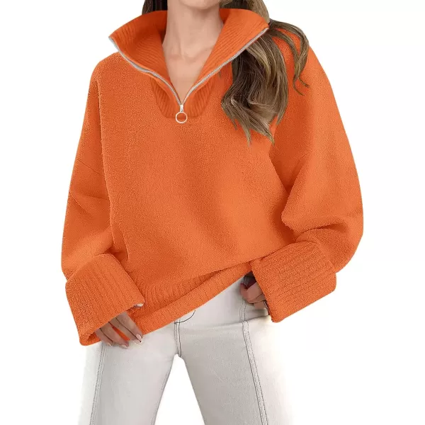 imageZESICA Womens 2024 Winter Long Sleeve 14 Zipper V Neck Loose Fuzzy Knitted Chunky Warm Pullover Sweater Jumper TopsOrange