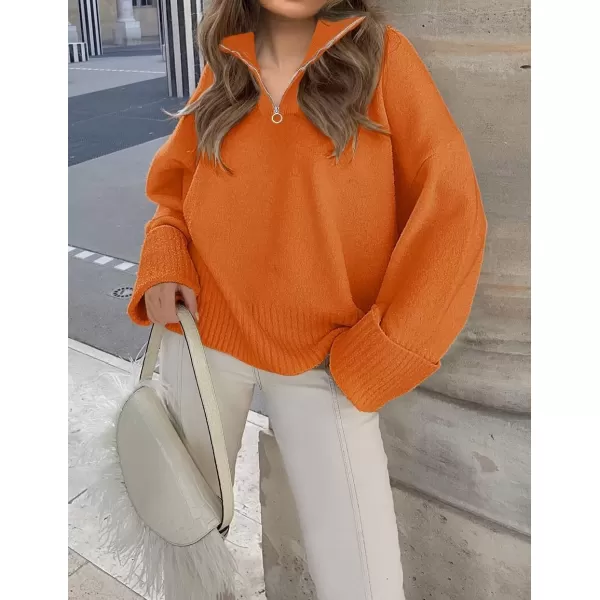 imageZESICA Womens 2024 Winter Long Sleeve 14 Zipper V Neck Loose Fuzzy Knitted Chunky Warm Pullover Sweater Jumper TopsOrange