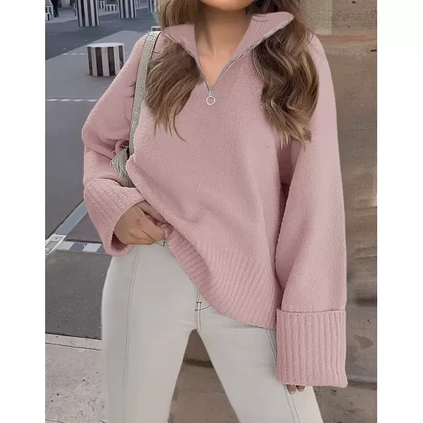 imageZESICA Womens 2024 Winter Long Sleeve 14 Zipper V Neck Loose Fuzzy Knitted Chunky Warm Pullover Sweater Jumper TopsPink