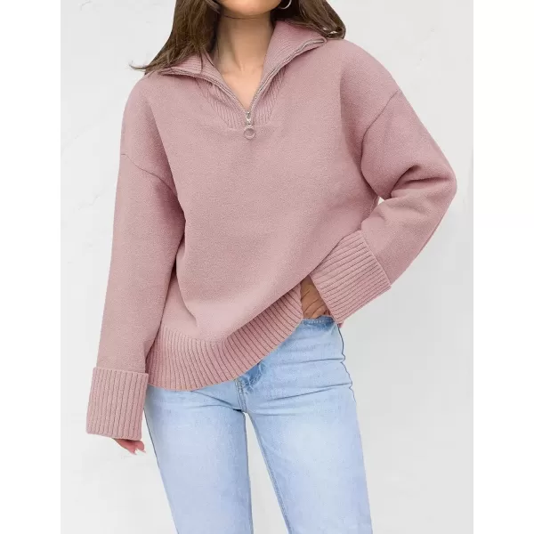 imageZESICA Womens 2024 Winter Long Sleeve 14 Zipper V Neck Loose Fuzzy Knitted Chunky Warm Pullover Sweater Jumper TopsPink