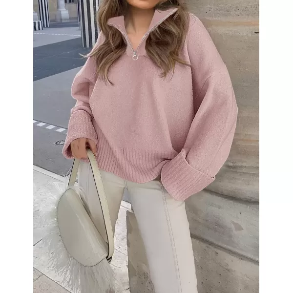 imageZESICA Womens 2024 Winter Long Sleeve 14 Zipper V Neck Loose Fuzzy Knitted Chunky Warm Pullover Sweater Jumper TopsPink