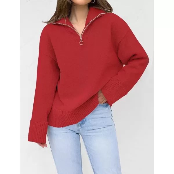 imageZESICA Womens 2024 Winter Long Sleeve 14 Zipper V Neck Loose Fuzzy Knitted Chunky Warm Pullover Sweater Jumper TopsRed
